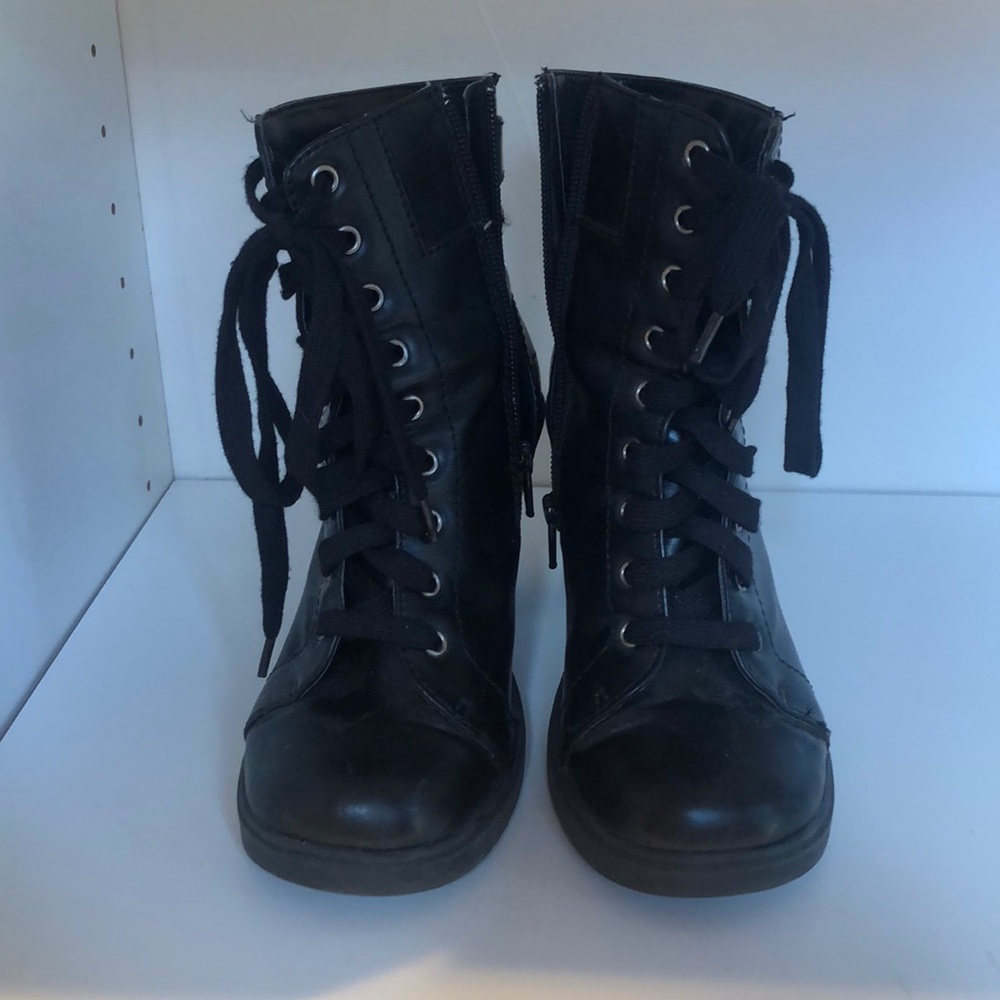 Black lace up heeled booties